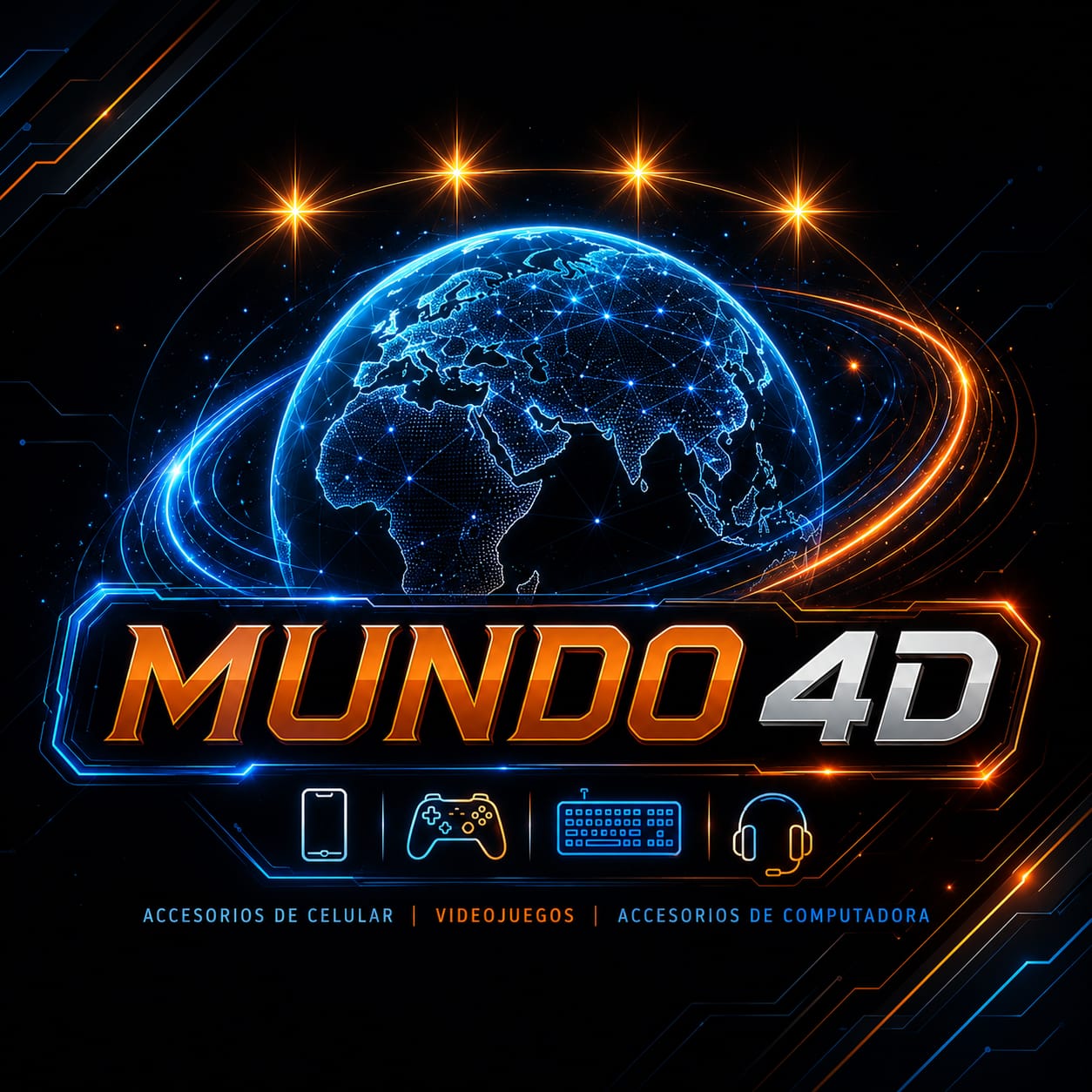 Identidad visual de Mundo 4D con globo digital, trazos de energia y categorias de producto.